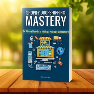 May include: A book titled "Shopify Dropshipping Mastery" with the subtitle "The Ultimate Blueprint to Building a Profitable Online Empire." The cover is dark blue with white text and a graphic of an online store with icons.