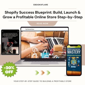 May include: A laptop, tablet, and smartphone display the text "Shopify Success Blueprint" and "Shopify Dropshipping Mastery." The image includes shopping carts, gift boxes, and the text "-30% OFF." The tagline reads, "Your step-by-step guide to building a profitable store."