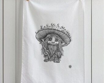 Ancient Mushroom Sprite Fantasy Tea Towel – Fantasy Art, Mushroom Sprite Art, Toadstool Tea Towels, Cute Fantasy Tea Towel, Mushroom Art