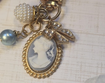 Blue Cameo Keychain Romantic Pearl Bow Coquette Bag Charm Victorian Junk Journal Embellishment