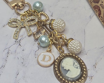 Personalized gift for her initial cameo bag charm grad gift idea pearl monogram purse clip romantic coquette bow heart keyring