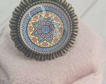 Mandala Ring - Large Adjustable Aged Brass Costume Jewelry