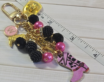 Personalized Cowgirl Bag Charm Pink Black Boot Initial Western Purse Gift