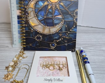 Celestial Journal Gift Set, Mini Moon and Stars Stationery Gift, Handmade Bookmark Set for Her