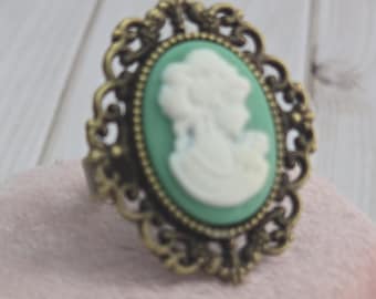 Green Cameo Ring Victorian Large Adjustable Costume Jewelry