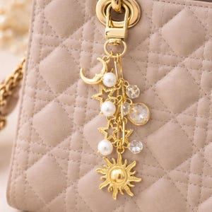 Personalized Celestial Bag Charm Moon Sun Stars Gold Initial Keychain
