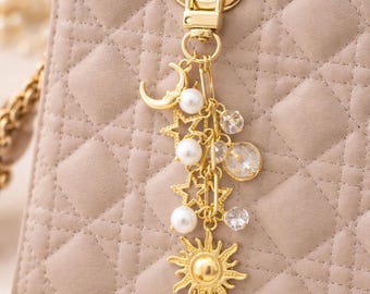 Personalized Celestial Bag Charm Moon Sun Stars Gold Initial Keychain