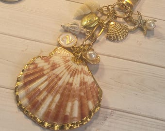 Seashell Bag Charm Coastal Summer Beach Tote Accessory Gold Shell Keychain Personalized Initial