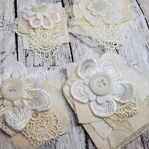 Shabby chic fabric clusters snippets in various shades of layered cream white Embellishment tags Junk Journals Scrapbooking image 1