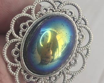 Vintage Silver Ring -  Black Iris cabochon Large Adjustable Victorian Costume Jewelry