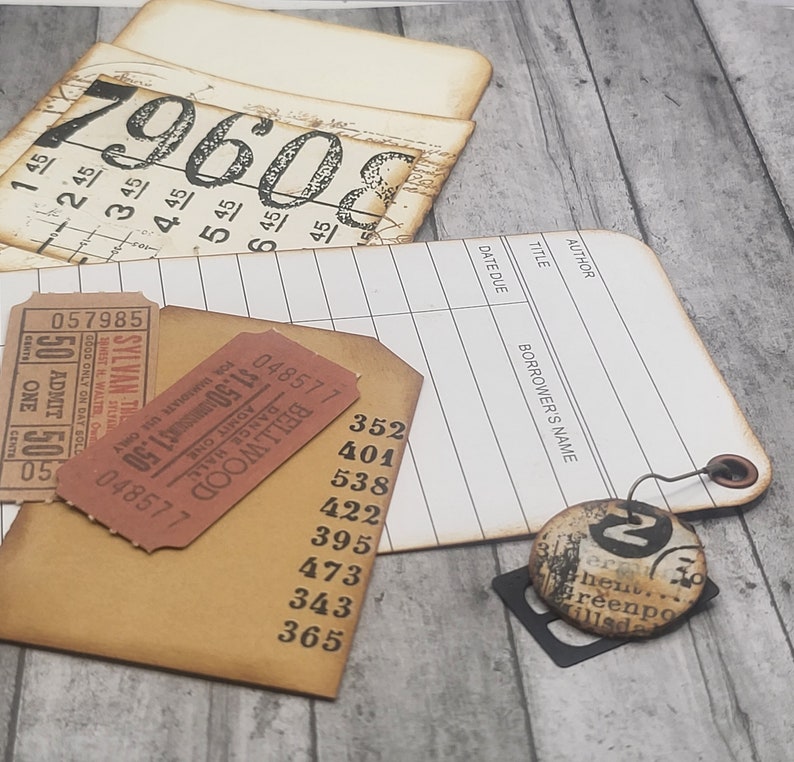 Grungy number industrial vintage library card pockets with tags for junk journals, albums, planners image 7