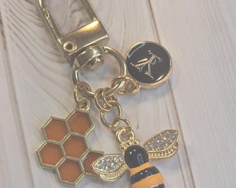 Bumblebee Bag Charm, Honeycomb Keychain, Personalized Initial