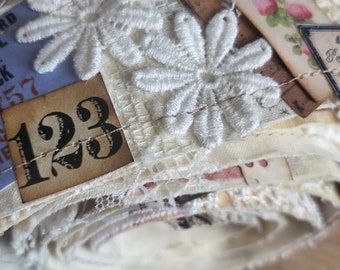 Vintage inspired fabric paper snippet roll | lace, ephemera, flowers | shabby chic | junk journal embellishment