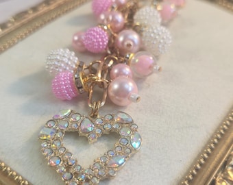 Rhinestone Heart Bag Charm Personalized Pink Pearl Keychain Romantic Coquette Gift for Her