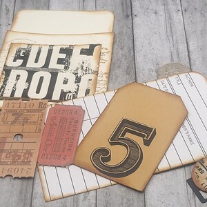 Grungy number industrial vintage library card pockets with tags for junk journals, albums, planners image 5