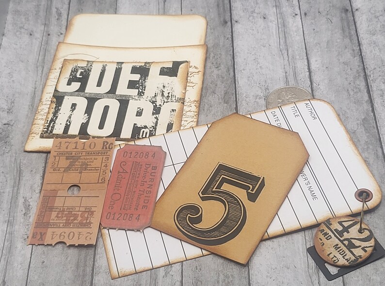 Grungy number industrial vintage library card pockets with tags for junk journals, albums, planners image 5