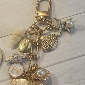 Seashell Bag Charm: Gold Keychain Clip, Personalized Initial