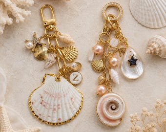 Seashell Bag Charm Bundle, Coastal Purse Charm Set, Beach Lover Gift Duo
