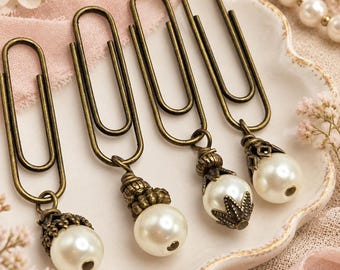Vintage Pearl Paperclip Bookmarks, Romantic Junk Journal Clips, Planner Accessories