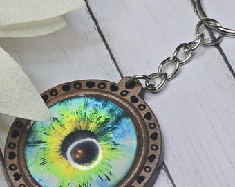Unique wooden keychain dragon eyeball  fantasy sci fi fan Mother&#39;s Day gift idea llizard eye geek gift Father&#39;s Day present