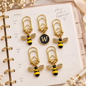 Bee Planner Clips Gold Paperclip Bookmarks Personalized Initial Journal Charm Set