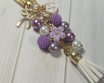 Coquette Bag Charm, Personalized Initial Flower Tassel Purse Clip