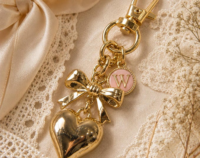 Personalized Gold Bow Bag Charm, Pink Initial Heart Keychain, Coquette Gift