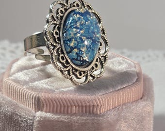Opal Ring Blue Silver Plated Adjustable Vintage Costume Jewelry