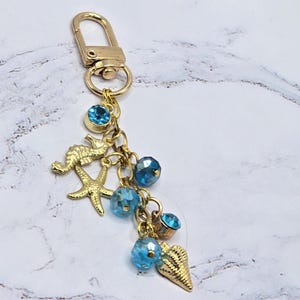 Ocean Themed Bag Charm Keychain, Sea Horse & Starfish Gold Accessory, Grad Gift Idea, Planner Clip, Backpack Charm Beachy Accessory