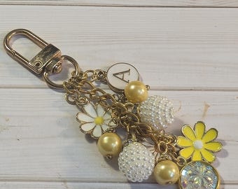 Daisy bag charm yellow flower coquette accessory pearl purse clip silver backpack keychain 4"