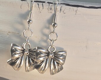 Silver Bow Dangle Earrings - Coquette Stocking Stuffer