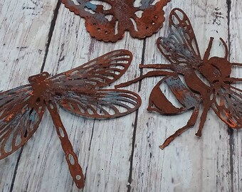 faux rusted die cut dragonfly,butterfly, bee - 3 of ea  MADE OF CARDSTOCK not metal