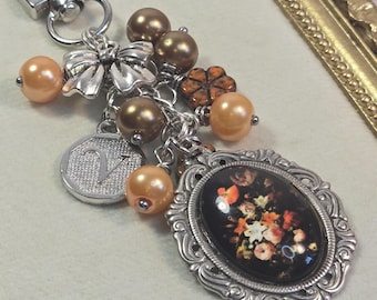 Dark Academia Floral Bag Charm, Vintage Purse Accessory