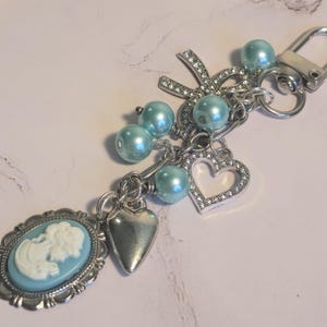 Aqua Cameo Bag Charm Silver Pearl Coquette Purse Charm Personalized Initial