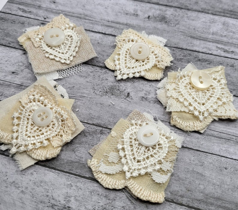 Tiny Heart Shabby Chic Fabric Clusters Snippets in Various Shades of Neutral Cream and White Junk Journal Album Scrapbook Decor image 1