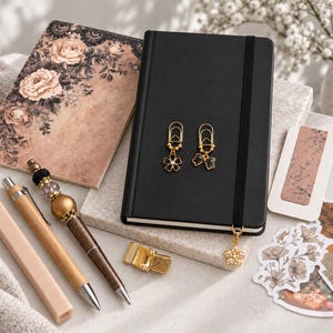 Mini Journal Gift Set, Black and Khaki Vintage Floral Stationery with Beaded Pen