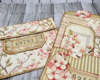 Shabby chic cherry blossom envelope and pocket twg with journaling tag for junk journals, albums, planner, scrapbook