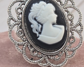 Black Cameo Ring Silver Large Adjustable Vintage Costume Jewelry
