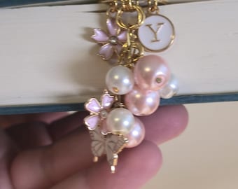 Personalized Bookmark: Pink Pearl, Flower, Initial Charm, Butterfly Clip