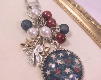 Americana Bag Charm Red White Blue Stars Vintage Flag Coquette Purse Clip Summer Accessory