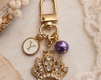 Personalized Crown Keychain with Initial, Pearl Bag Charm, Gold Rhinestone Gift for Her