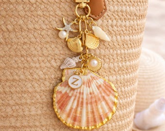 Seashell Bag Charm Coastal Summer Beach Tote Accessory Gold Shell Keychain Personalized Initial