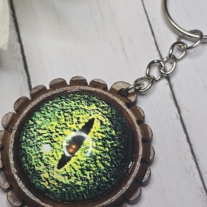 Wooden keychain for fantasy lovergreen dragon eye backpack clip fantasy lover gift geek gift for him Father&#39;s Day