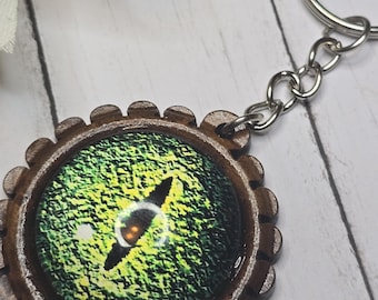 Wooden keychain for fantasy lovergreen dragon eye backpack clip fantasy lover gift geek gift for him Father&#39;s Day