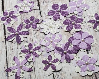 Small layered purple and book page paper flowers with a small flat back pearl, lot of 20