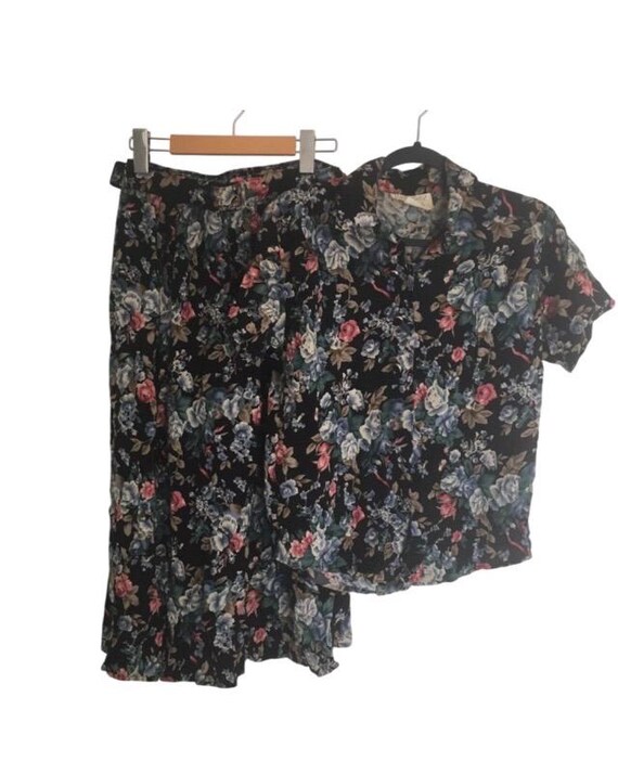 Vintage Summer Skirt Shirt Top Outfit Matching Set Belt Floral M