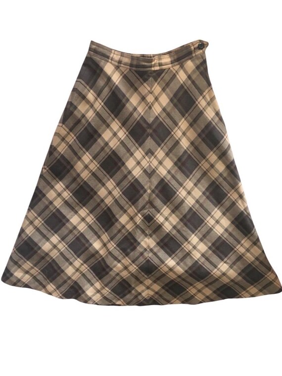 Vintage 70s Plaid Wool A-line Skirt Midi Made in France