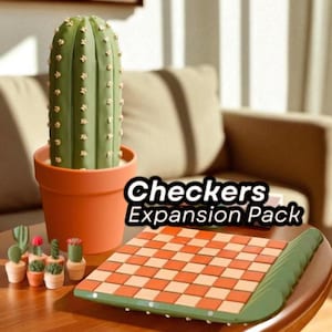 May include: A green cactus in a terracotta pot sits on a wooden table next to a checkerboard and miniature cacti. The checkerboard is orange and white with a green border. Text on the image reads "Checkers Expansion Pack."