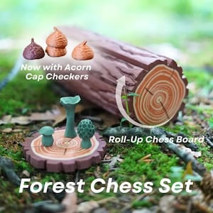 Forest Log Chess & Checkers Set, Acorn Checkers Game, Travel Roll-up Design, Portable Fun, Mushroom Chess, ForgeCore, Custom 3D Print