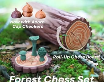 Schach & Dame Wald-Set, Eichel-Dame-Spiel, Rollbares Reiseset, Tragbarer Spielspaß, Pilz-Schach, ForgeCore, Individueller 3D-Druck